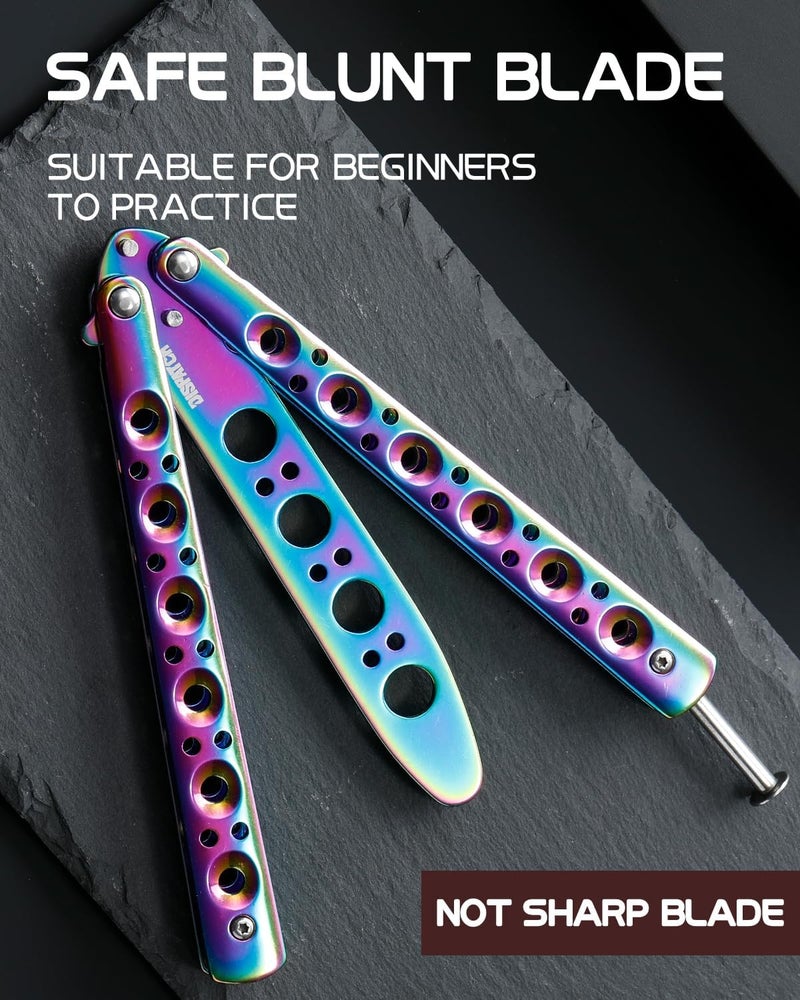 Dispatch Color Titanium-Coated 3Cr13 Stainless Steel Butterfly Knife Trainer with Circular Cutouts | Unsharpened Balisong for Tactical Training, EDC Flipping, Anime Cosplay - Image 5